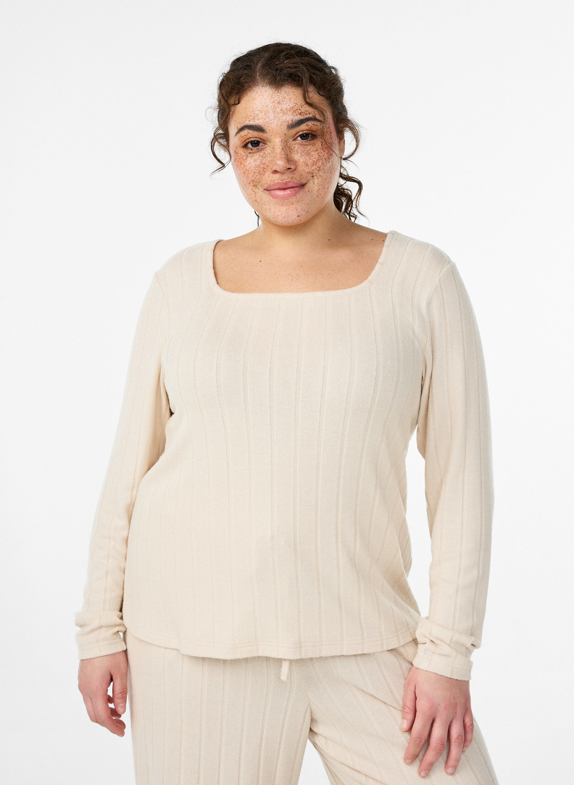Zizzi Jerseyblouse met vierkante hals en geribde textuur, Beige, Model image number 0