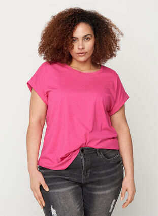 T-shirt met mix van katoen, Fuchsia Purple Mel., Model image number 0