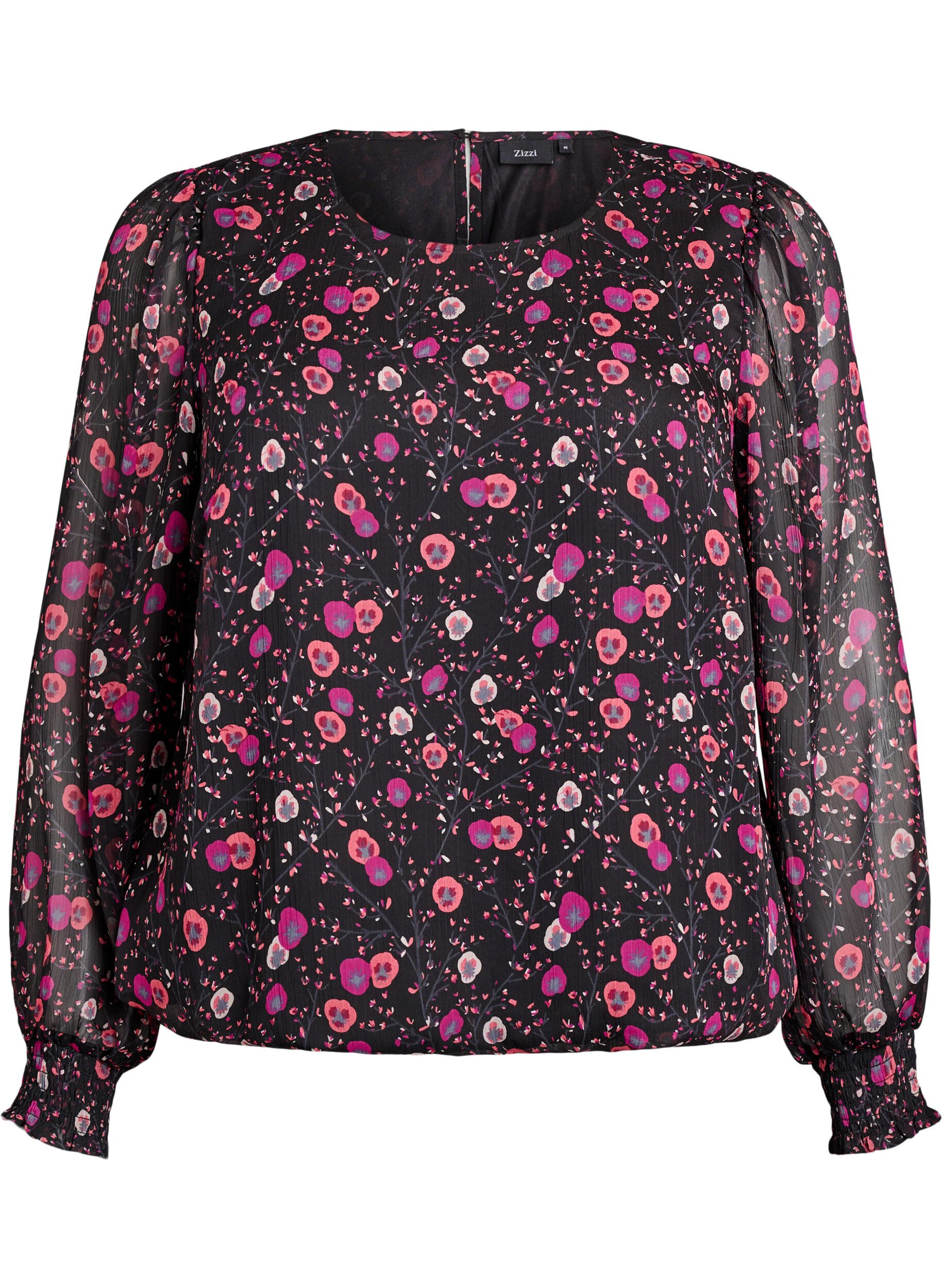 ZizziChiffon blouse met bloemenprint en sheer mouwen, Zwart, Packshot image number 0
