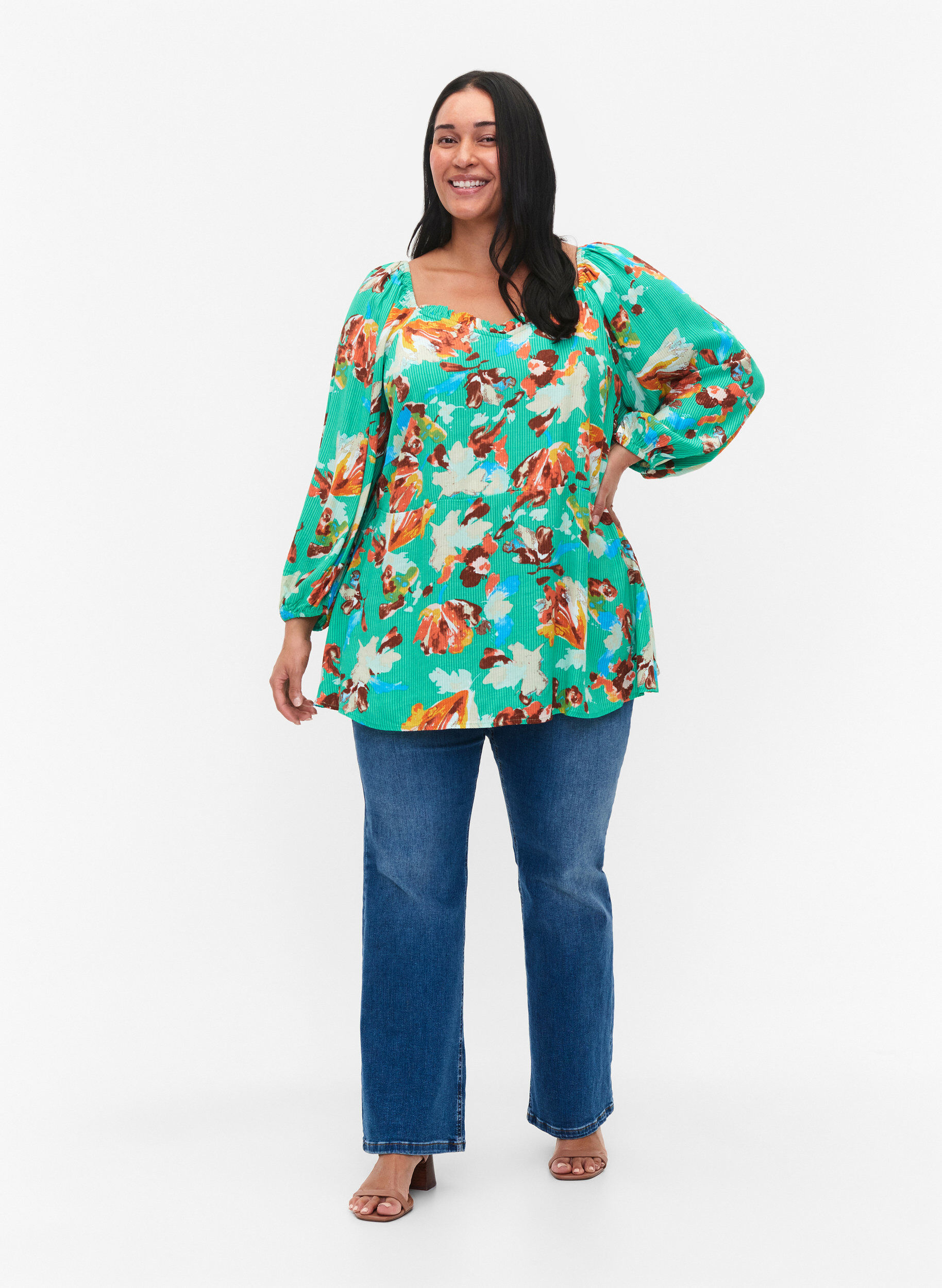 Zizzi Bedrukte viscose blouse met 3/4 mouwen, Groen, Model image number 1