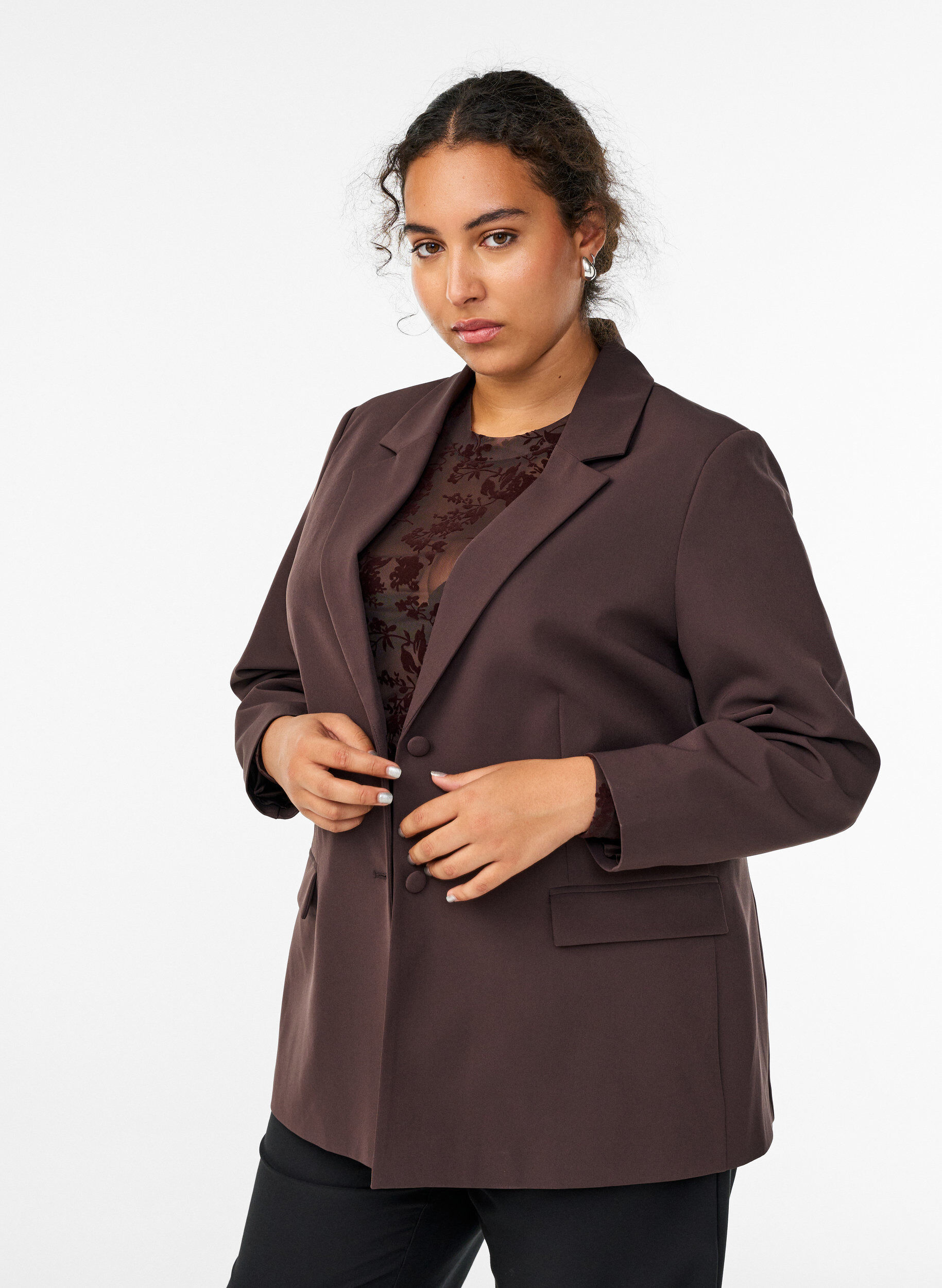 Zizzi Klassieke blazer met knoopsluiting, Bruin, Model image number 0