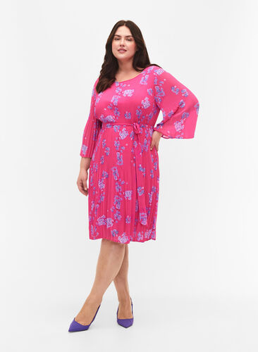 Bedrukte geplooide jurk met bindband, Beetroot Purple AOP, Model image number 2