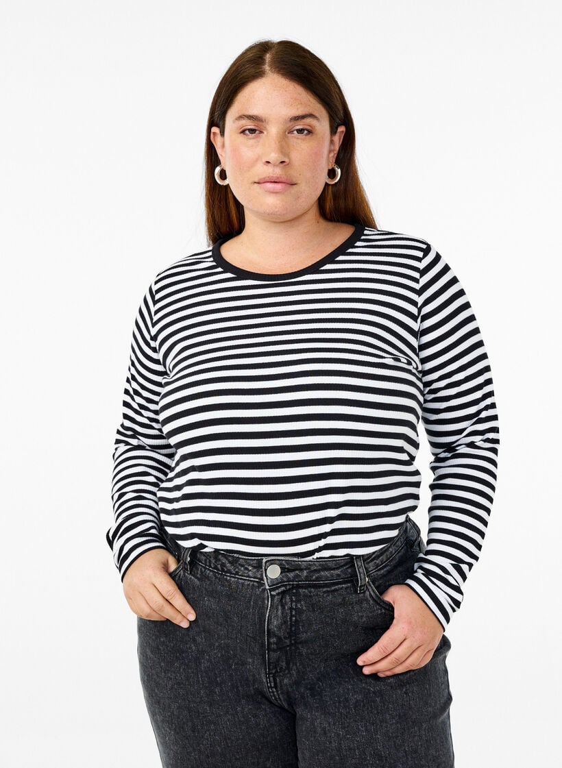 Gestreepte blouse met lange mouwen, Zwart, Model image number 0