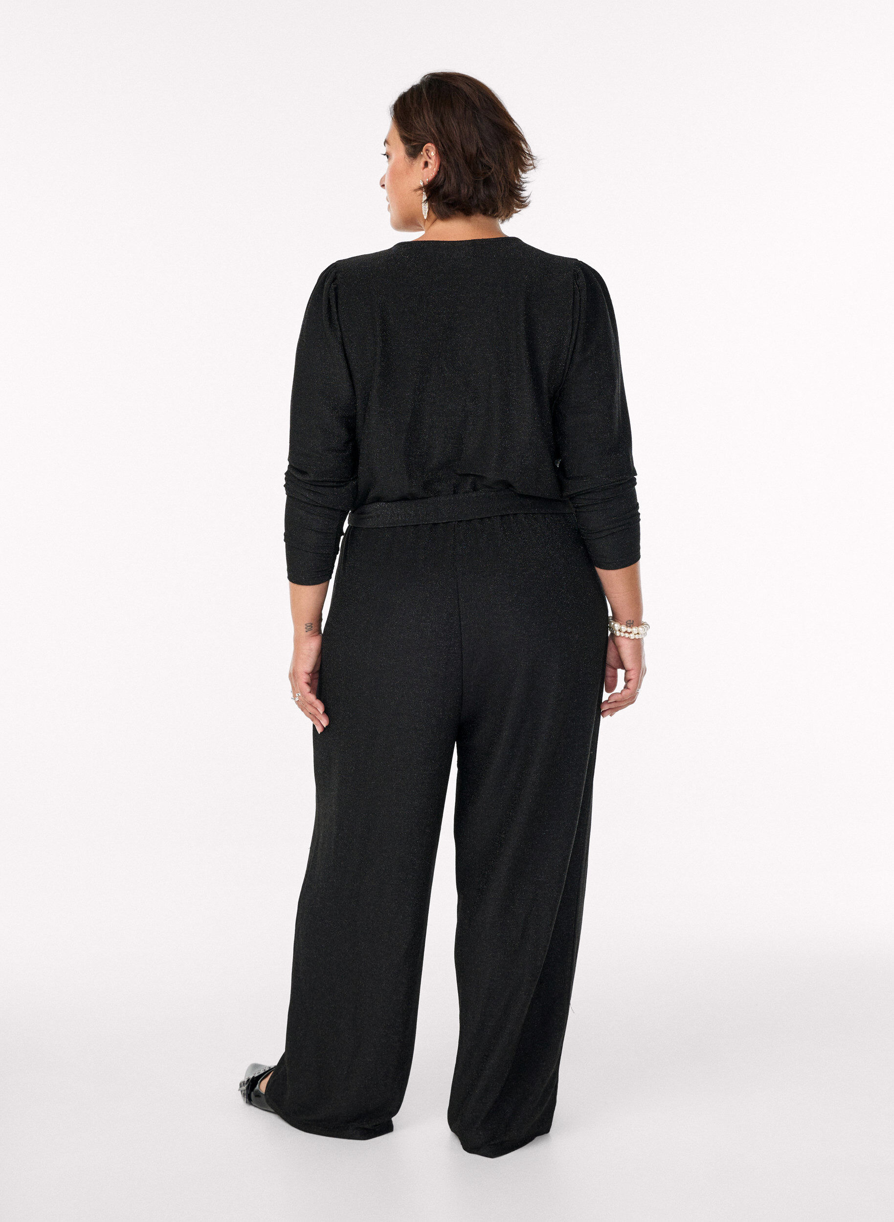 Zizzi Jumpsuit met glitter en strikceintuur, Zwart, Model image number 1
