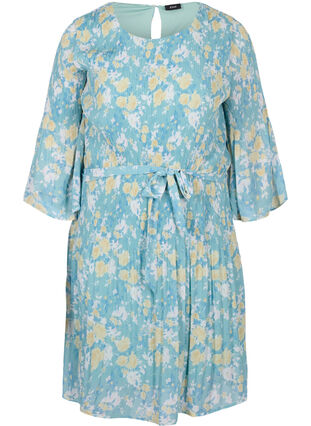 Bedrukte geplooide jurk met bindband, Cameo Blue Flower, Packshot image number 0