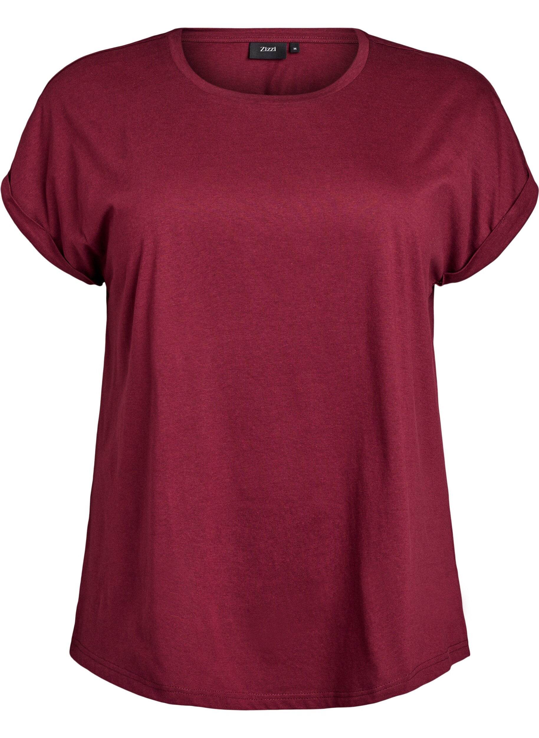 Zizzi T-shirt met korte mouwen van katoenmix, Donker Bordeaux, Packshot image number 0
