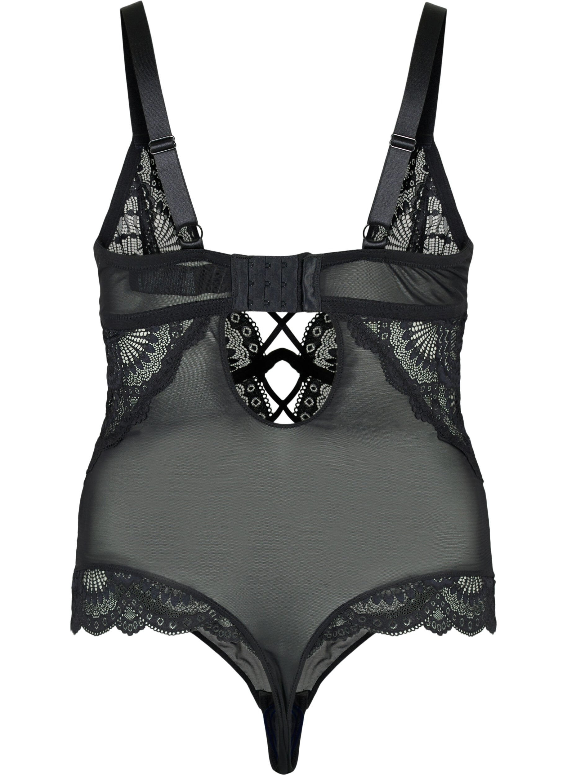 Zizzi Kanten bodystocking met touwtjes, Zwart, Packshot image number 1