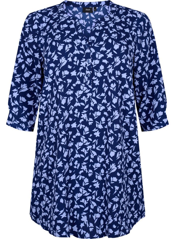 Gebloemde tuniek met 3/4 mouwen, M. Blue Flower AOP, Packshot image number 0