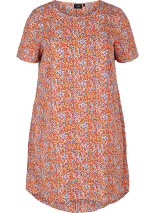 Effen jurk met korte mouwen, Orange Flower AOP, Packshot image number 0
