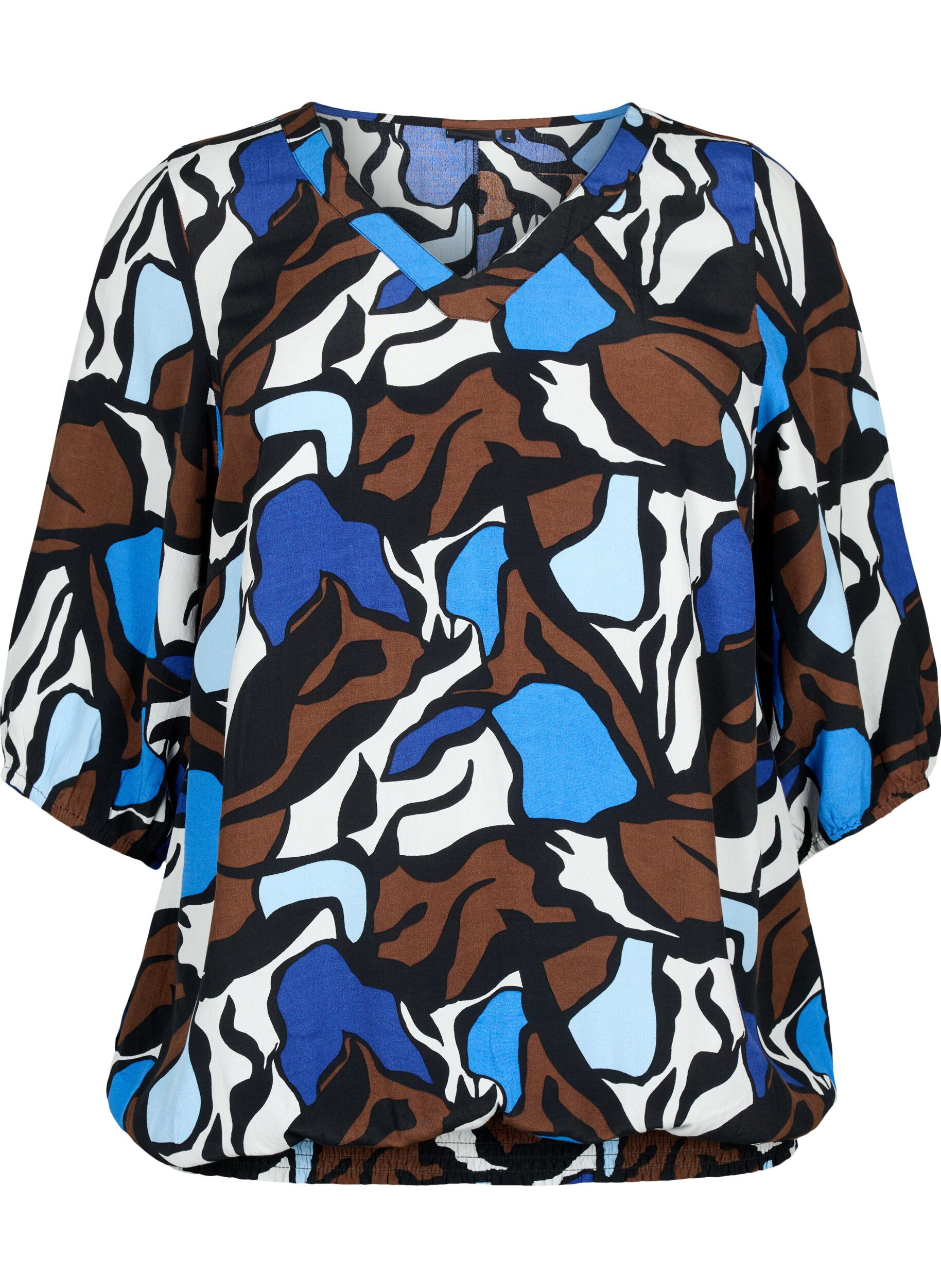 Zizzi Viscose blouse met print en smockwerk, Zafia AOP, Packshot image number 0
