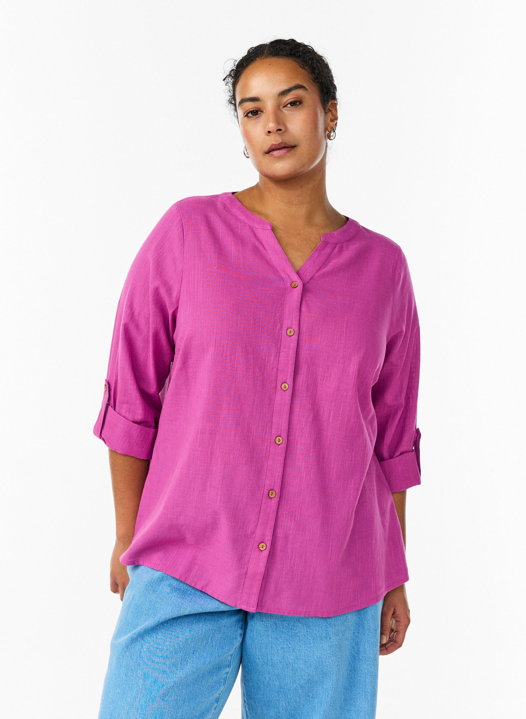 Katoenen blouse met V-hals, Roze, Model