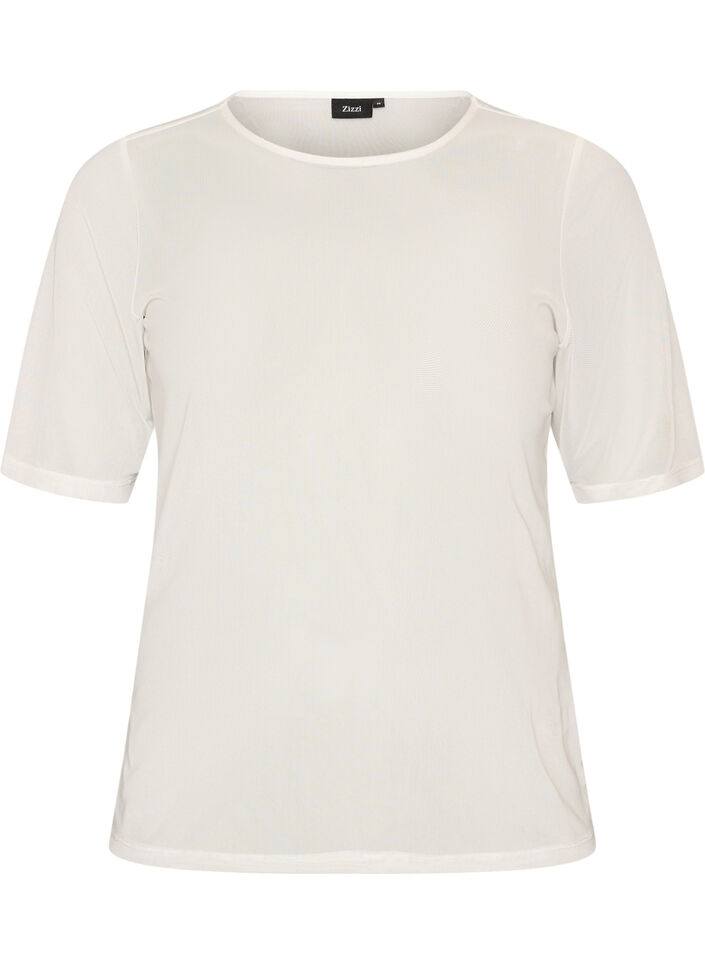 Mesh top met korte mouwen en ronde hals, Vanille, Packshot image number 0