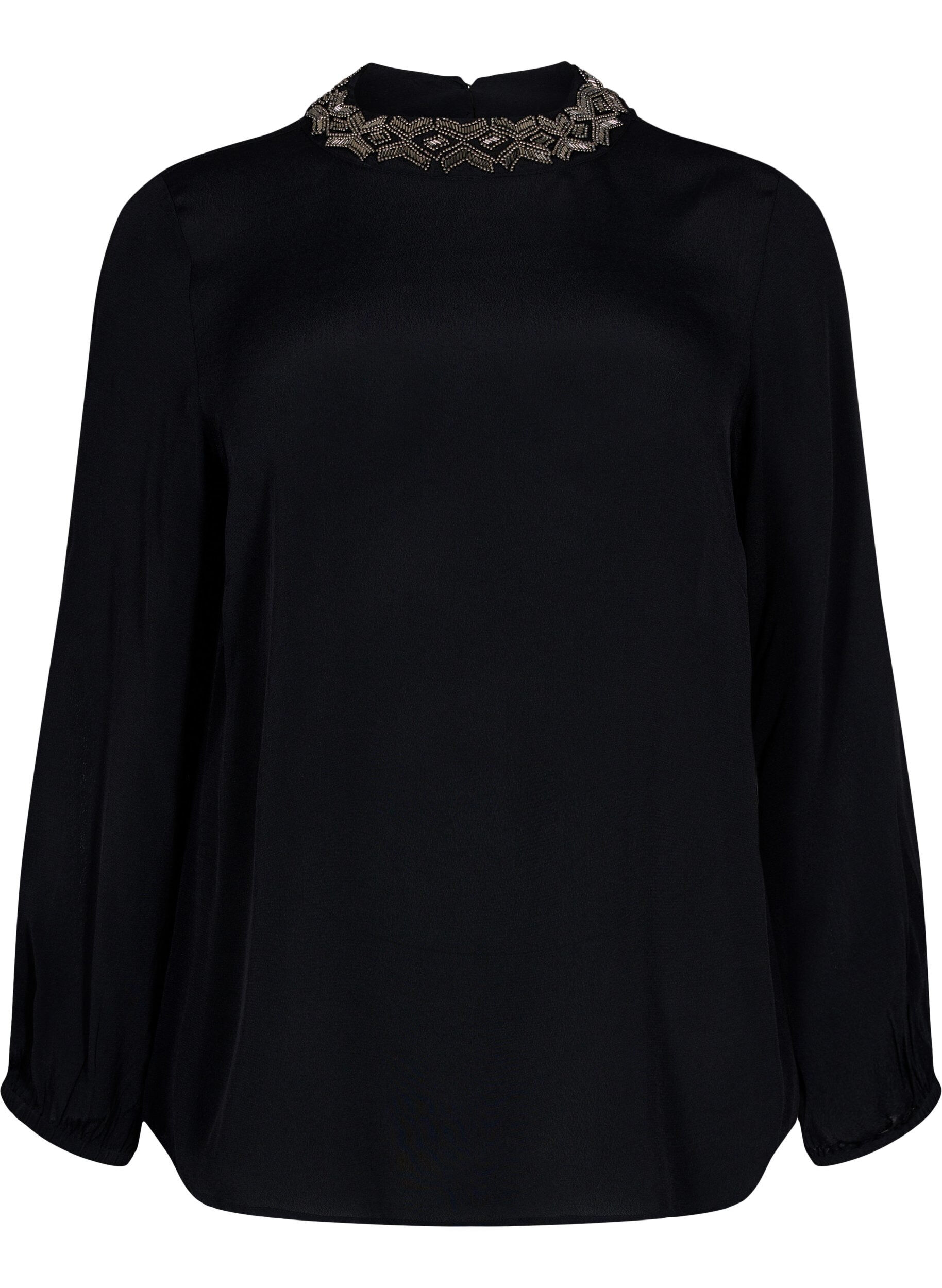 Zizzi Viscose blouse met lange mouwen en parels, Black, Packshot image number 0