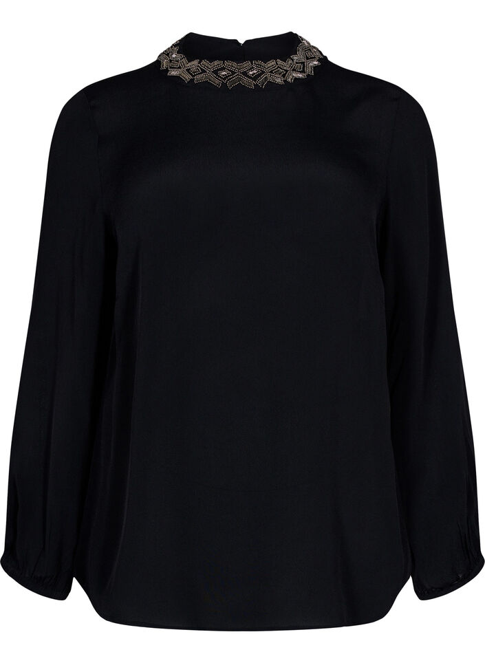 Viscose blouse met lange mouwen en parels, Black, Packshot image number 0