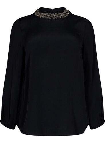 Viscose blouse met lange mouwen en parels, Black, Packshot image number 0