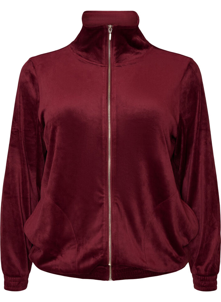 Zachte velours cardigan met rits en hoge kraag, Rood, Packshot image number 0