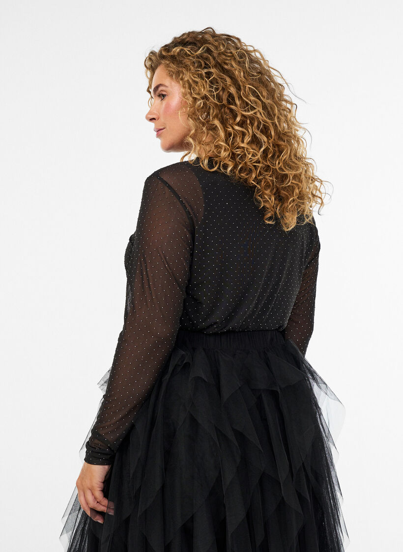 Transparante mesh blouse met strassteentjes, Zwart, Model image number 2