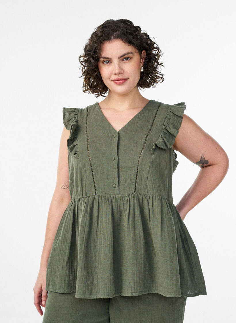 Mouwloze blouse van katoen mousseline met ruches, Groen, Model image number 0