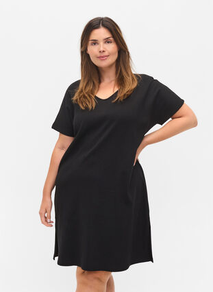 Katoenen jurk met korte mouwen in rib, Black, Model image number 0