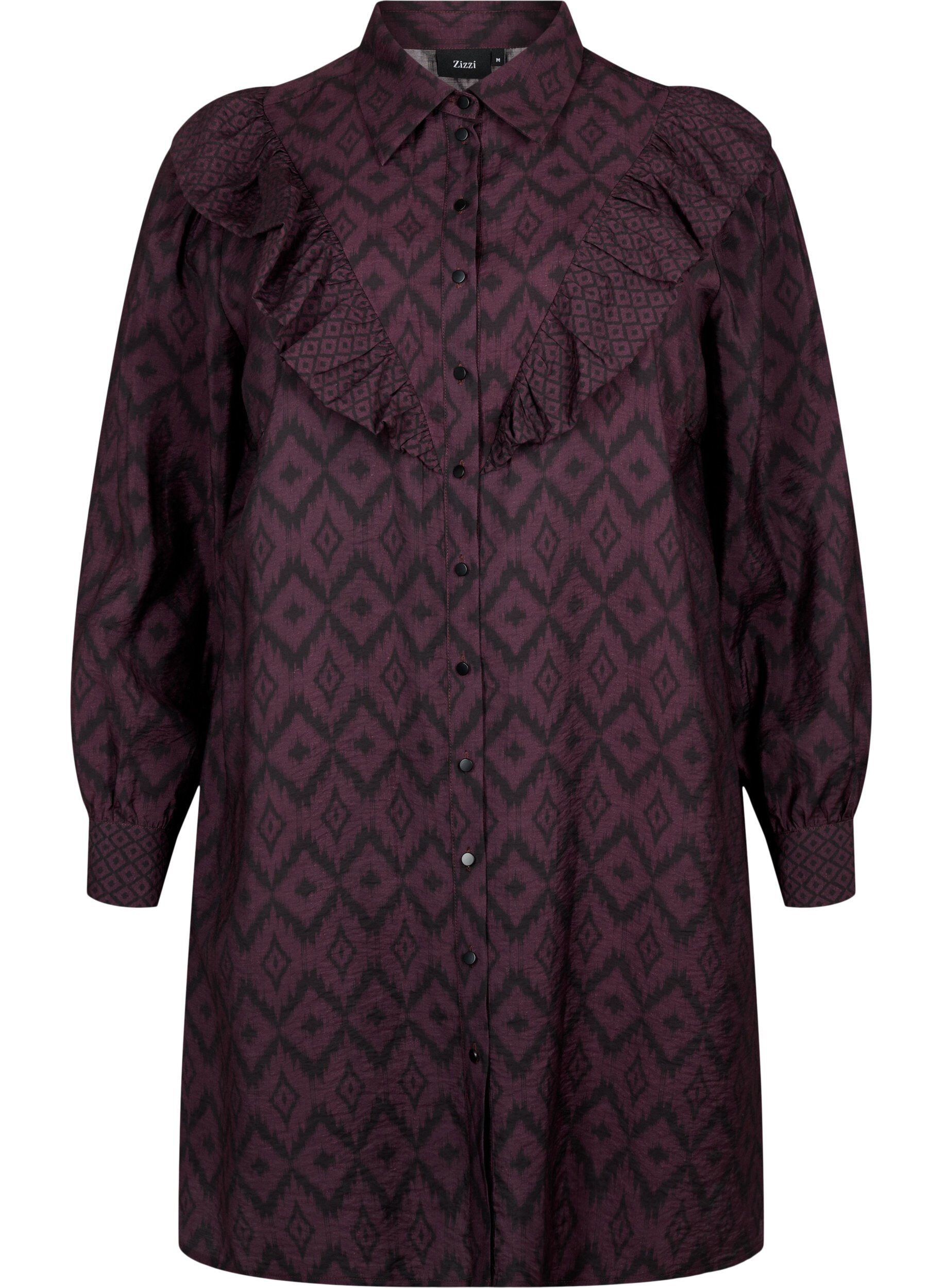 Zizzi Lange viscose shirt met print en franjes, Winetasting w. Black, Packshot image number 0