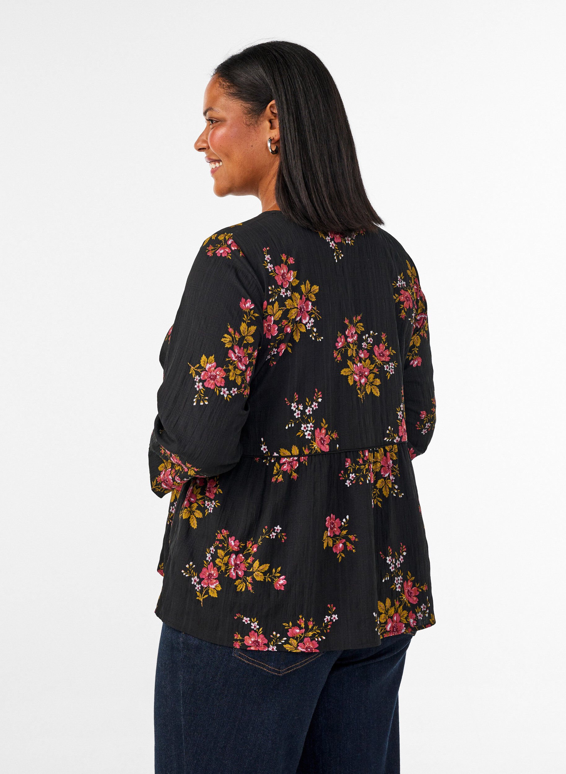 ZizziBlouse met lange mouwen en bloemenprint, Zwart, Model image number 2