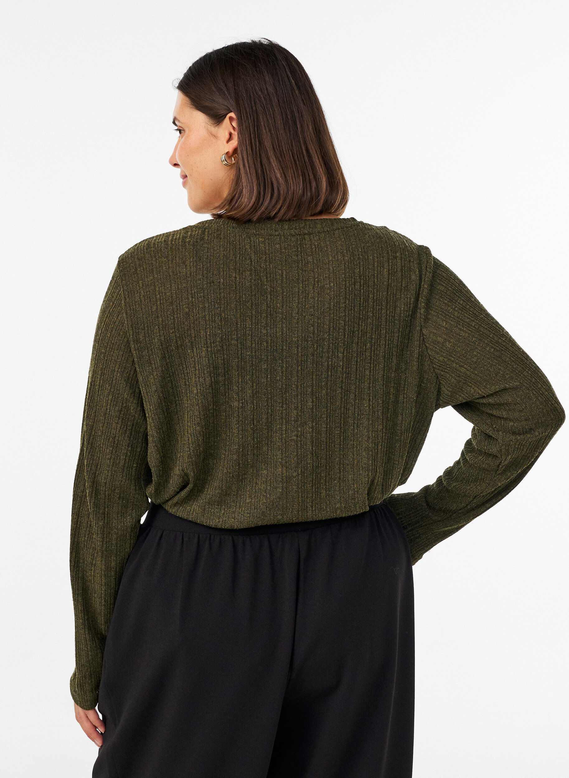 ZizziJersey blouse met geribde structuur en lange mouwen, Groen, Model image number 2