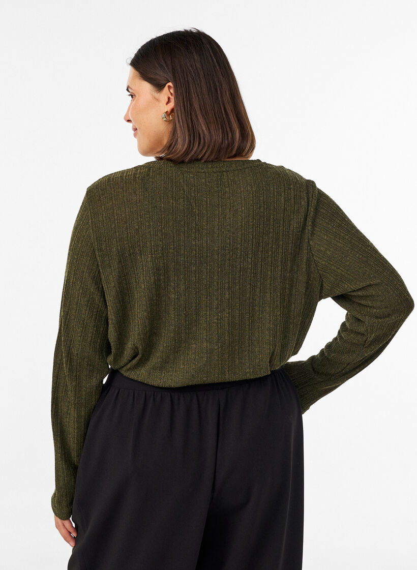 Jersey blouse met geribde structuur en lange mouwen, Groen, Model image number 2