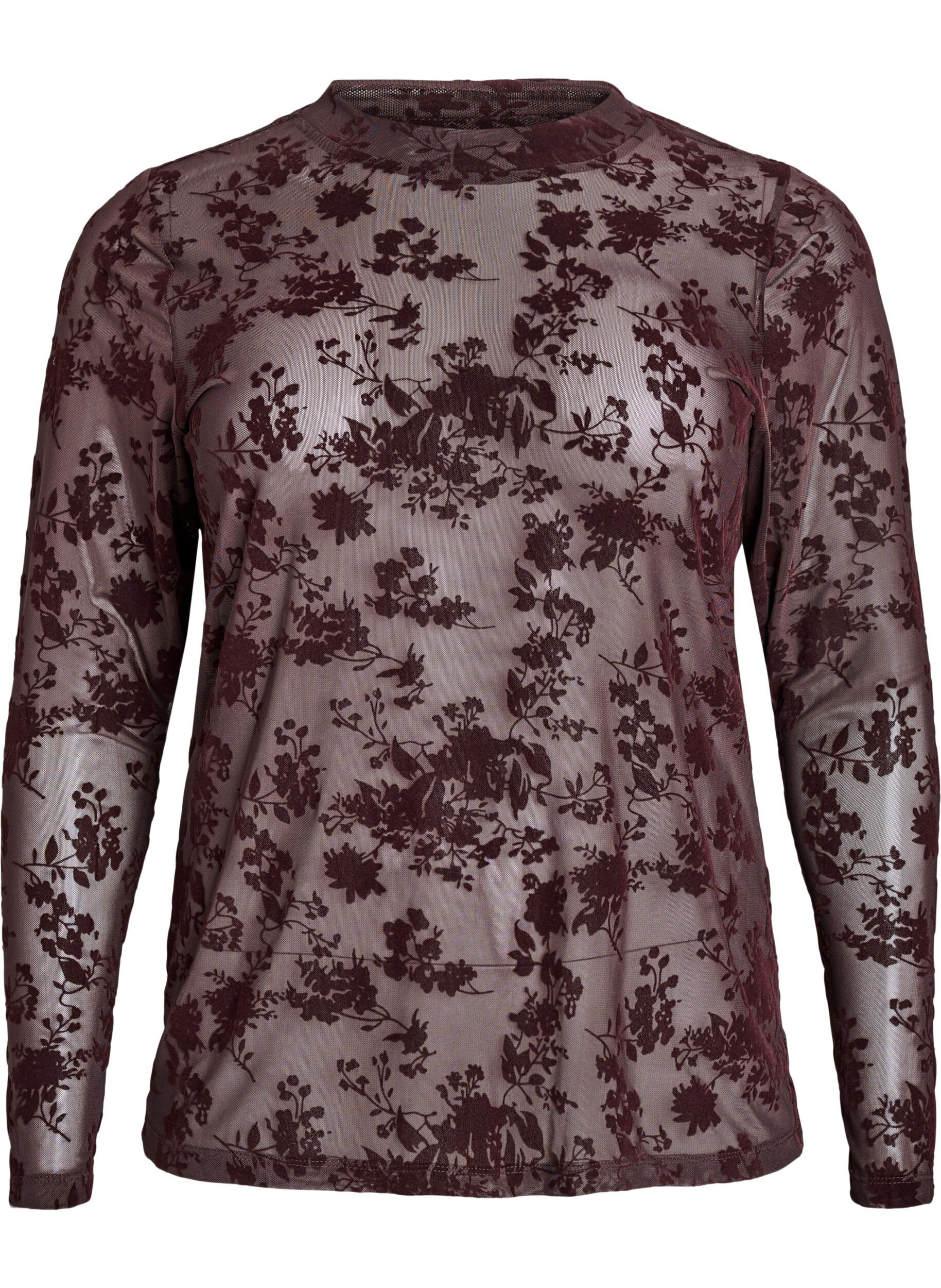 Zizzi Mesh blouse met bloemenpatroon, Bruin, Packshot image number 0
