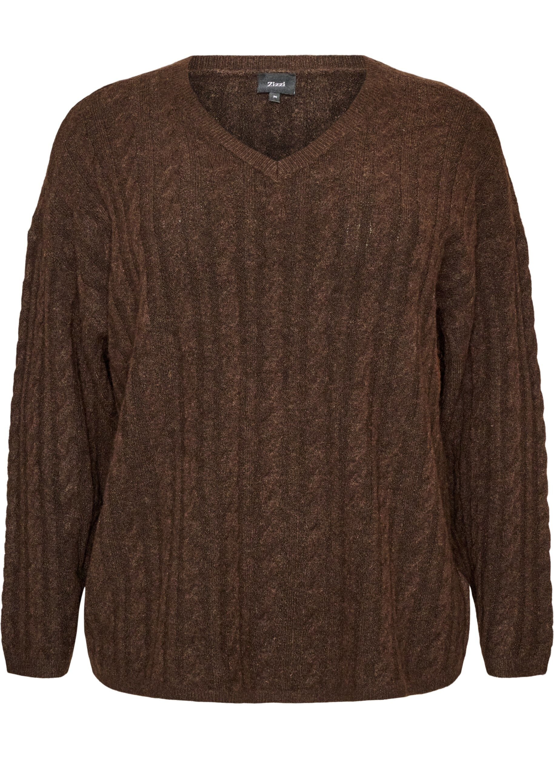 ZizziGebreide blouse met kabelpatroon en V-hals, Bruin, Packshot image number 0