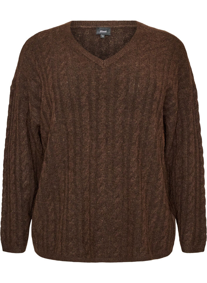 Gebreide blouse met kabelpatroon en V-hals, Bruin, Packshot image number 0