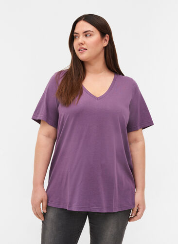 T-shirt in biologisch katoen met v-hals, Vintage Violet, Model image number 0