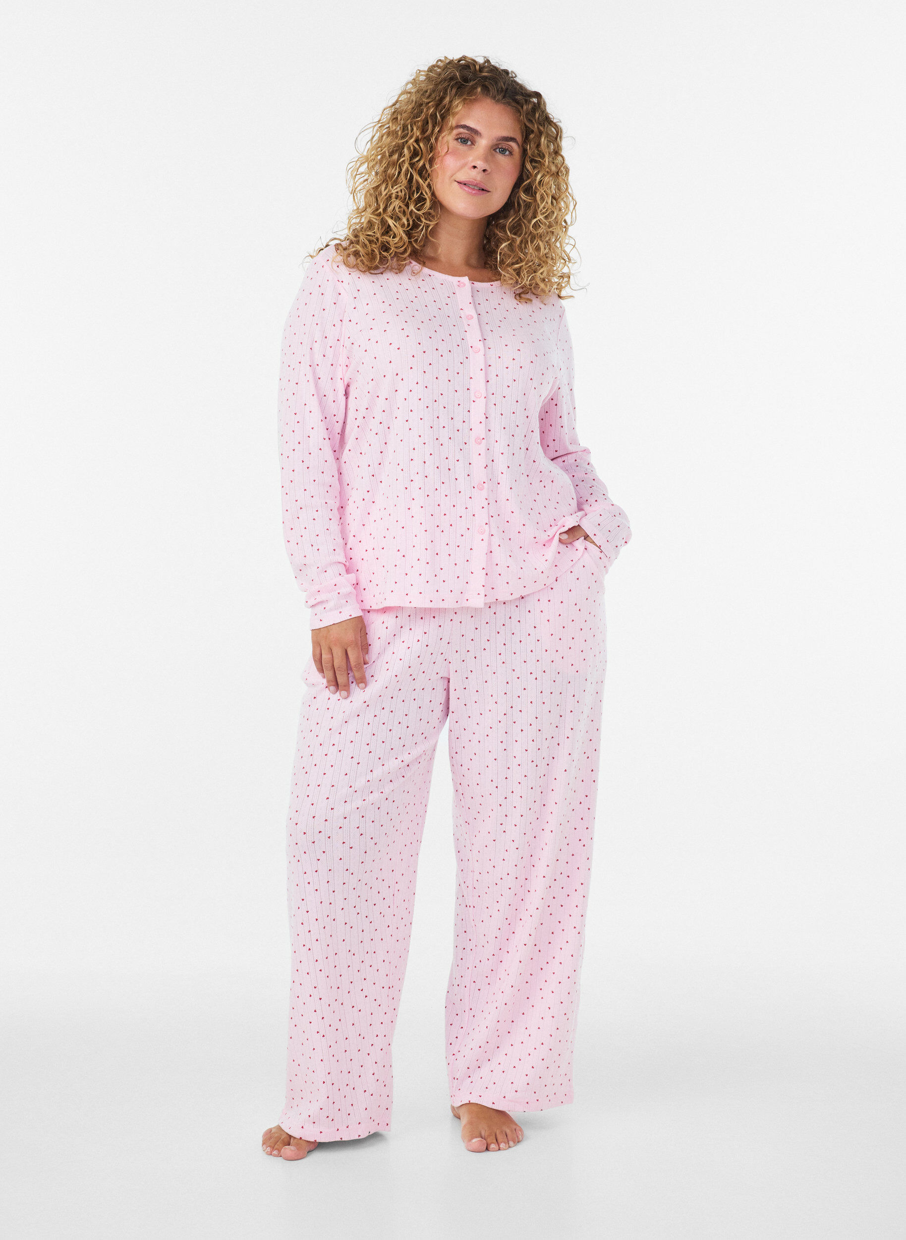 ZizziOrganisch katoenen pyjamabroek met oogjesborduurwerk, Roze, Model image number 1
