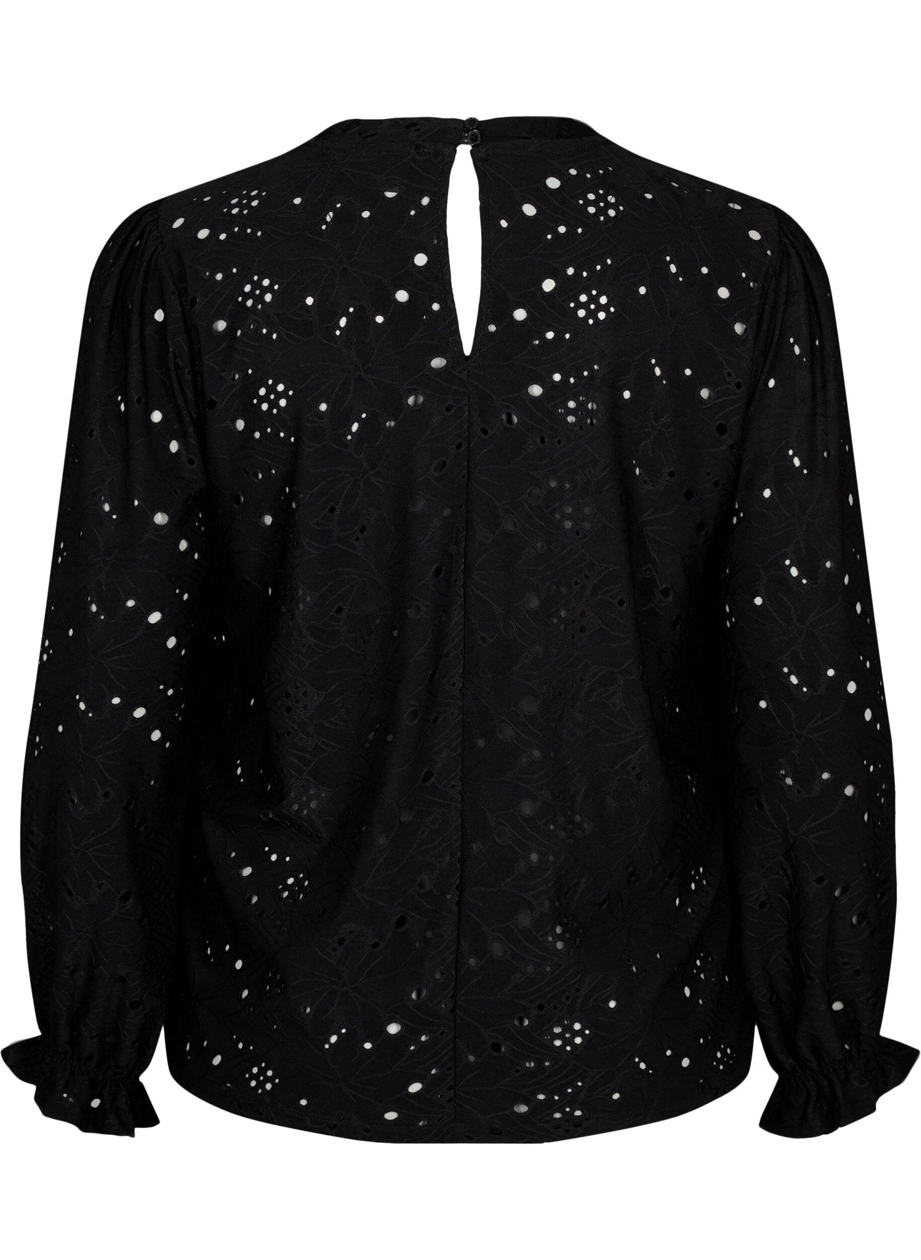 Zizzi Blouse met lange mouwen en gaatjespatroon, Black, Packshot image number 1