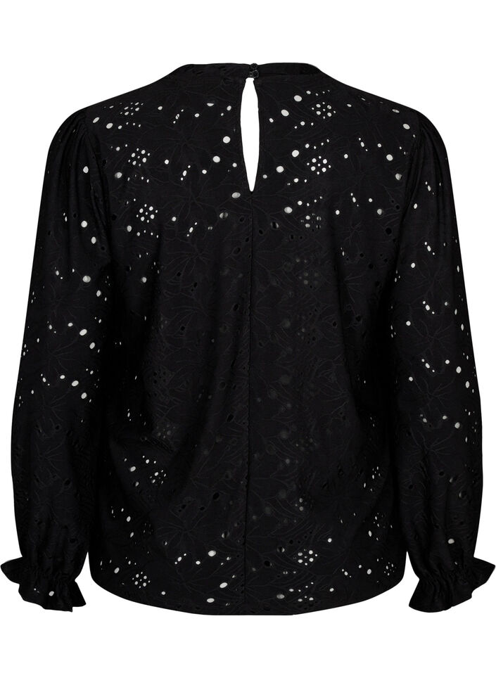 Blouse met lange mouwen en gaatjespatroon, Black, Packshot image number 1