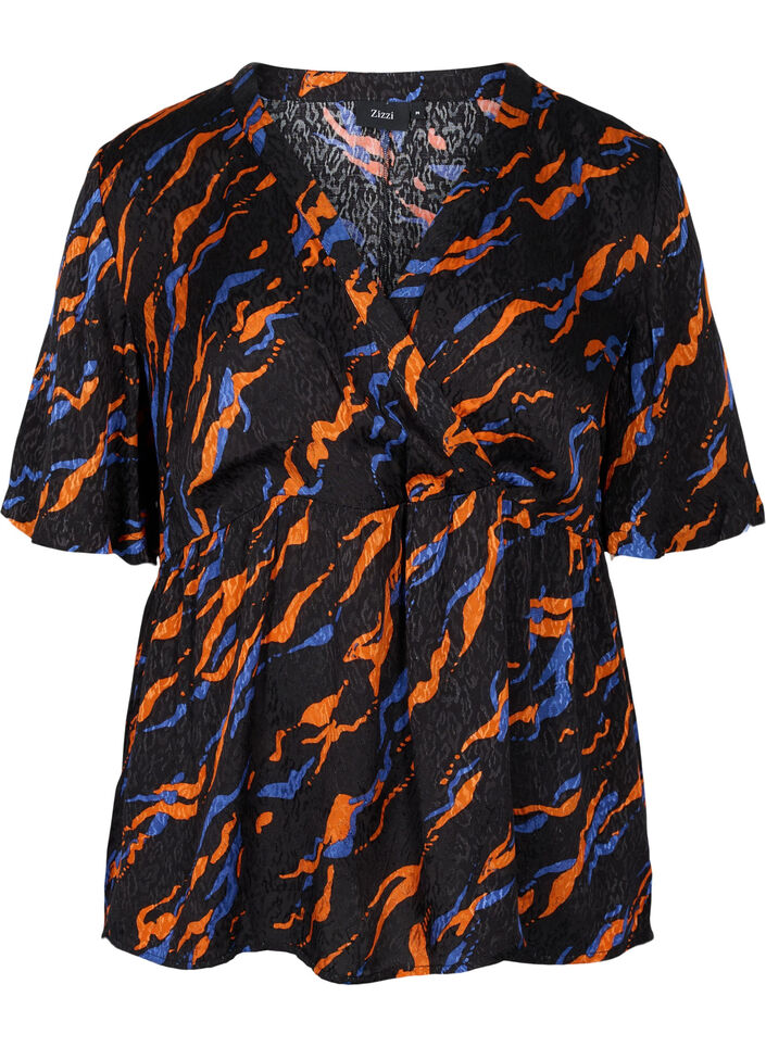 Viscose blouse met korte mouwen en print, Black Tiger AOP, Packshot image number 0