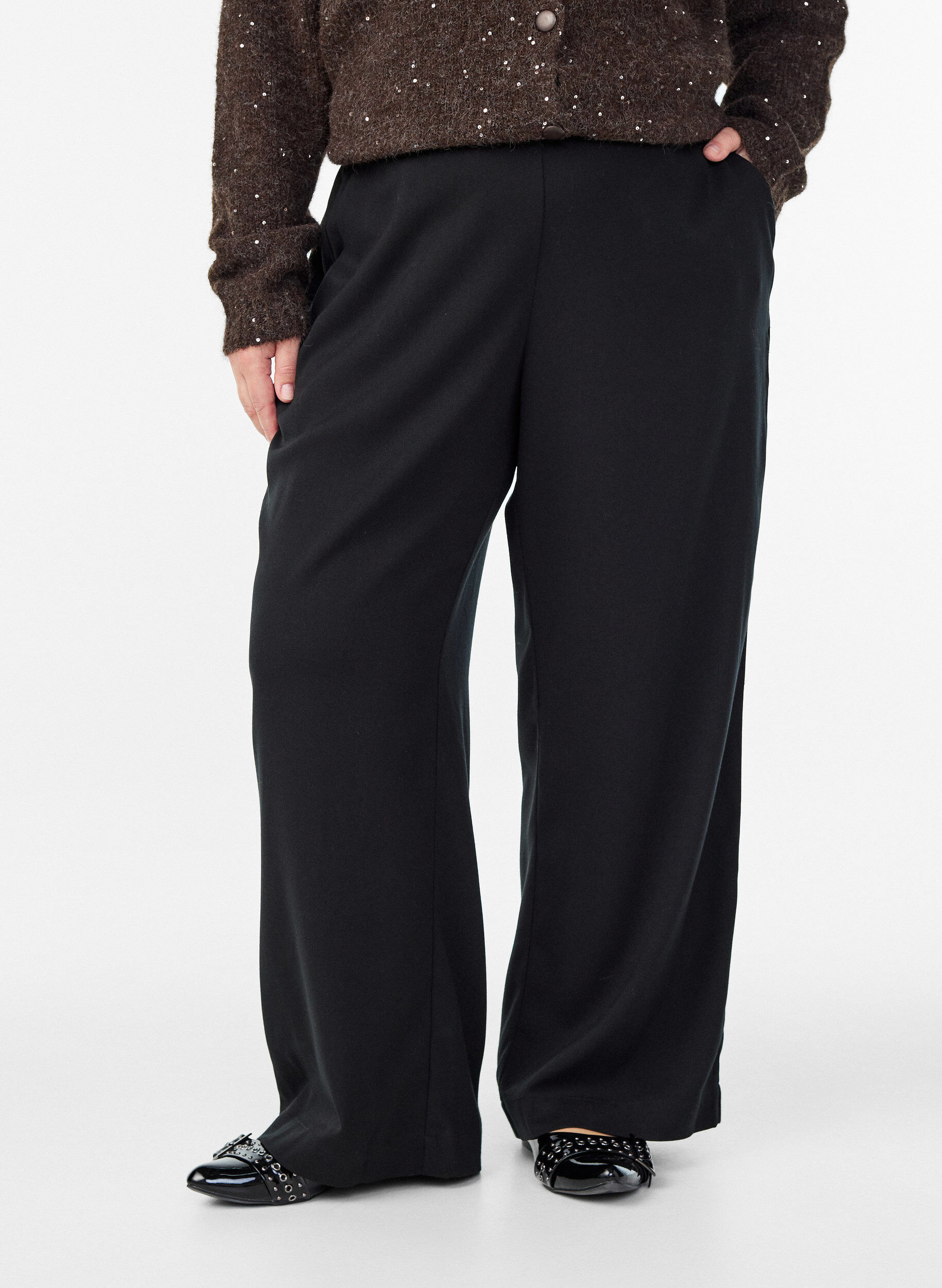 Zizzi Wijde broek met een hoge taille, Zwart, Model image number 2