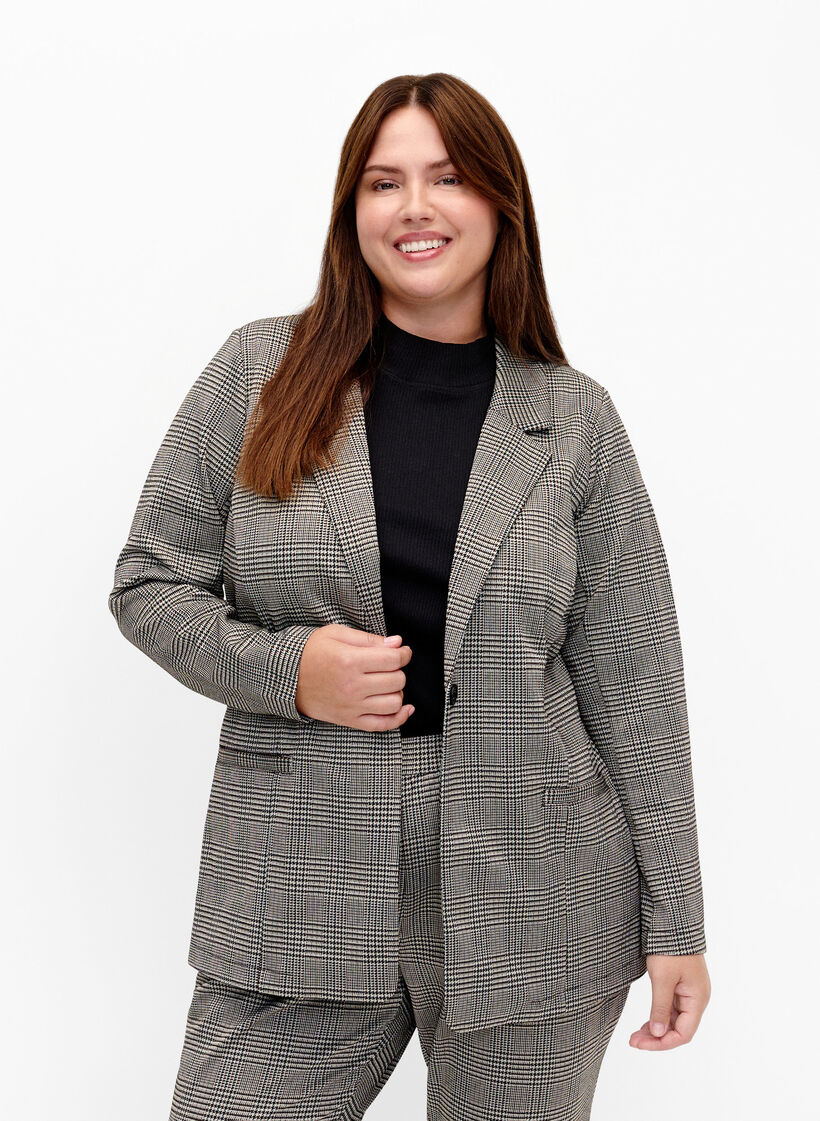 Geruite blazer met knoopsluiting, Beige Brown Check, Model image number 0