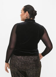 Fluwelen blouse met lange netmouwen	, Black, Model