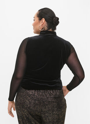 Fluwelen blouse met lange netmouwen	, Black, Model image number 1