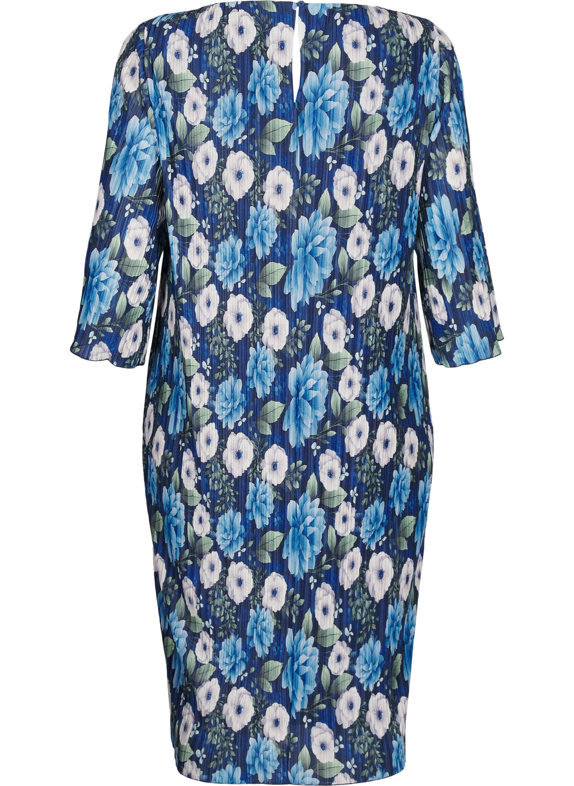 Zizzi Geplooide jurk met 3/4 mouwen, Blauw, Packshot image number 1