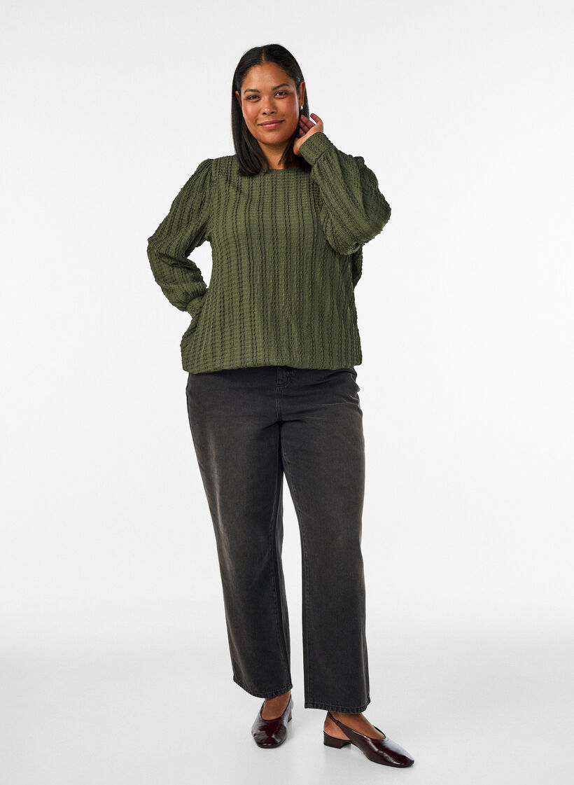 Jersey blouse met structuur en ballonsilhouet, Groen, Model image number 1