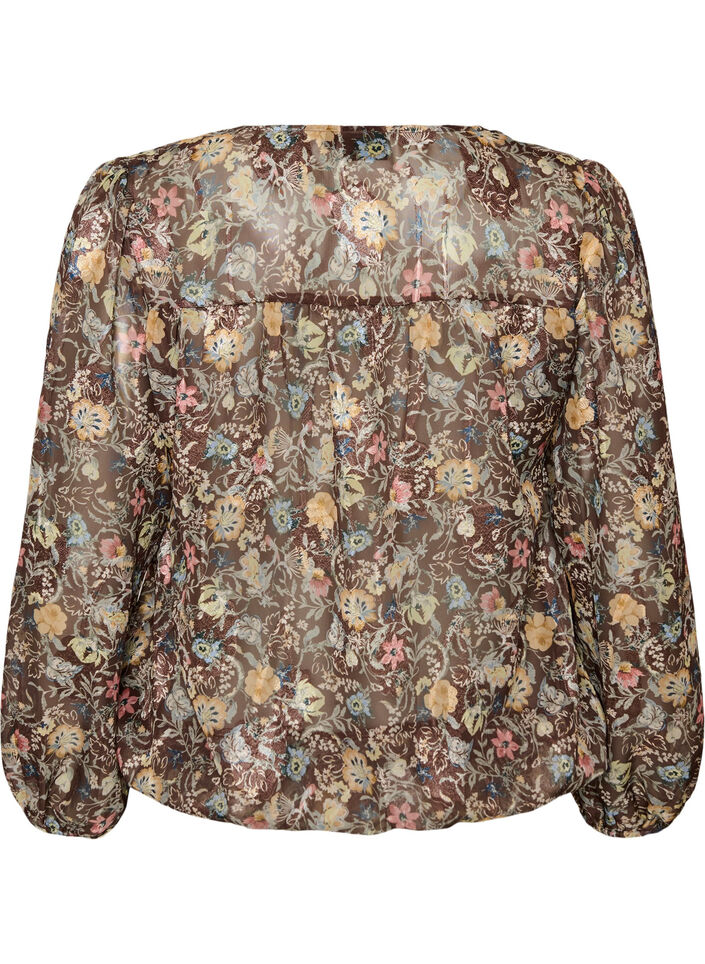 Blouse met bloemenprint en ballonnenmouwen, Bruin, Packshot image number 1