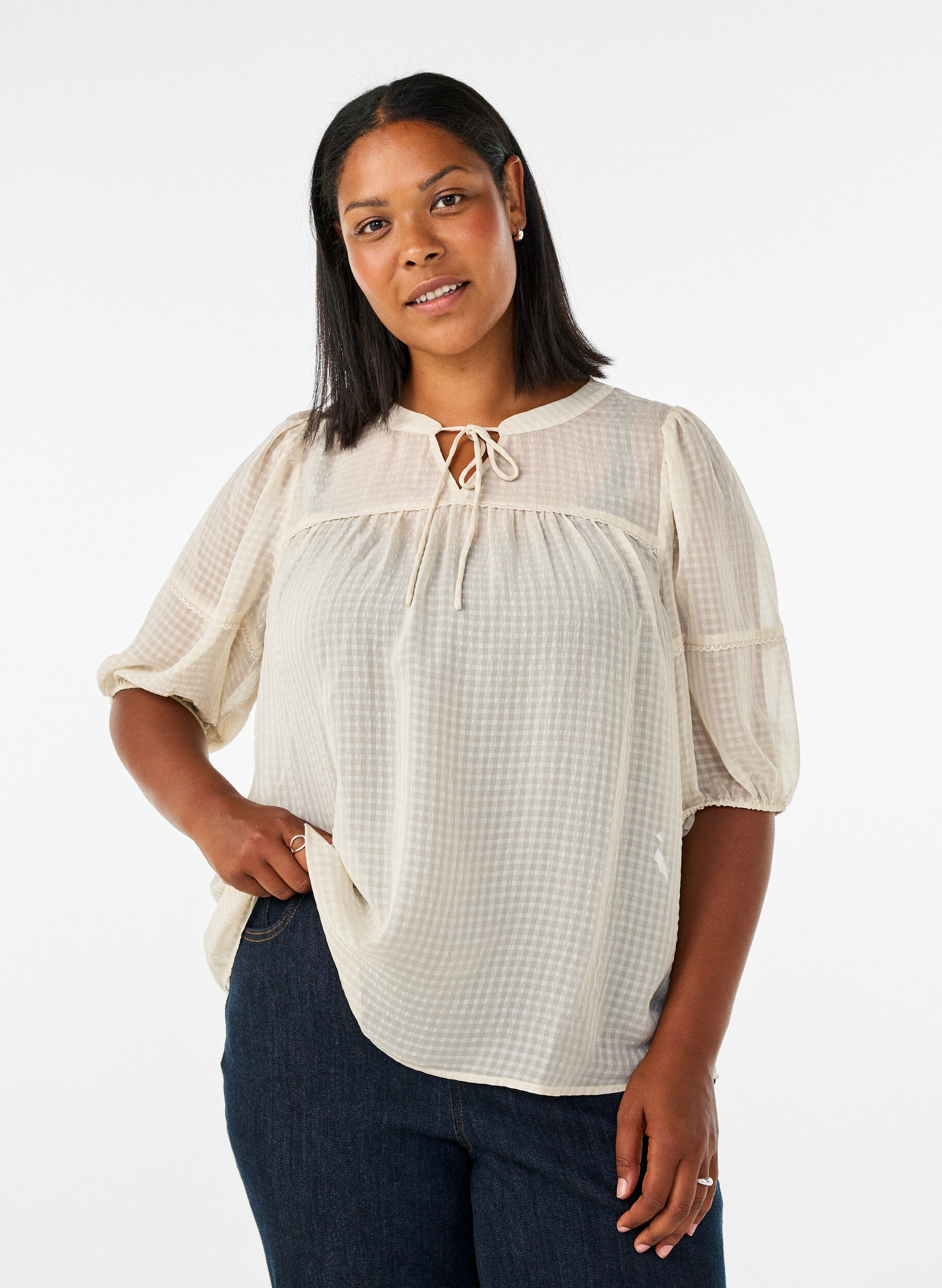 Blouse in seersucker met strikkoord, Beige, Model