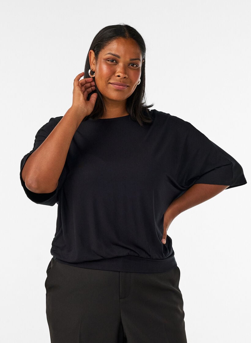 Jersey blouse met halflange ballonmouwen, Zwart, Model image number 0