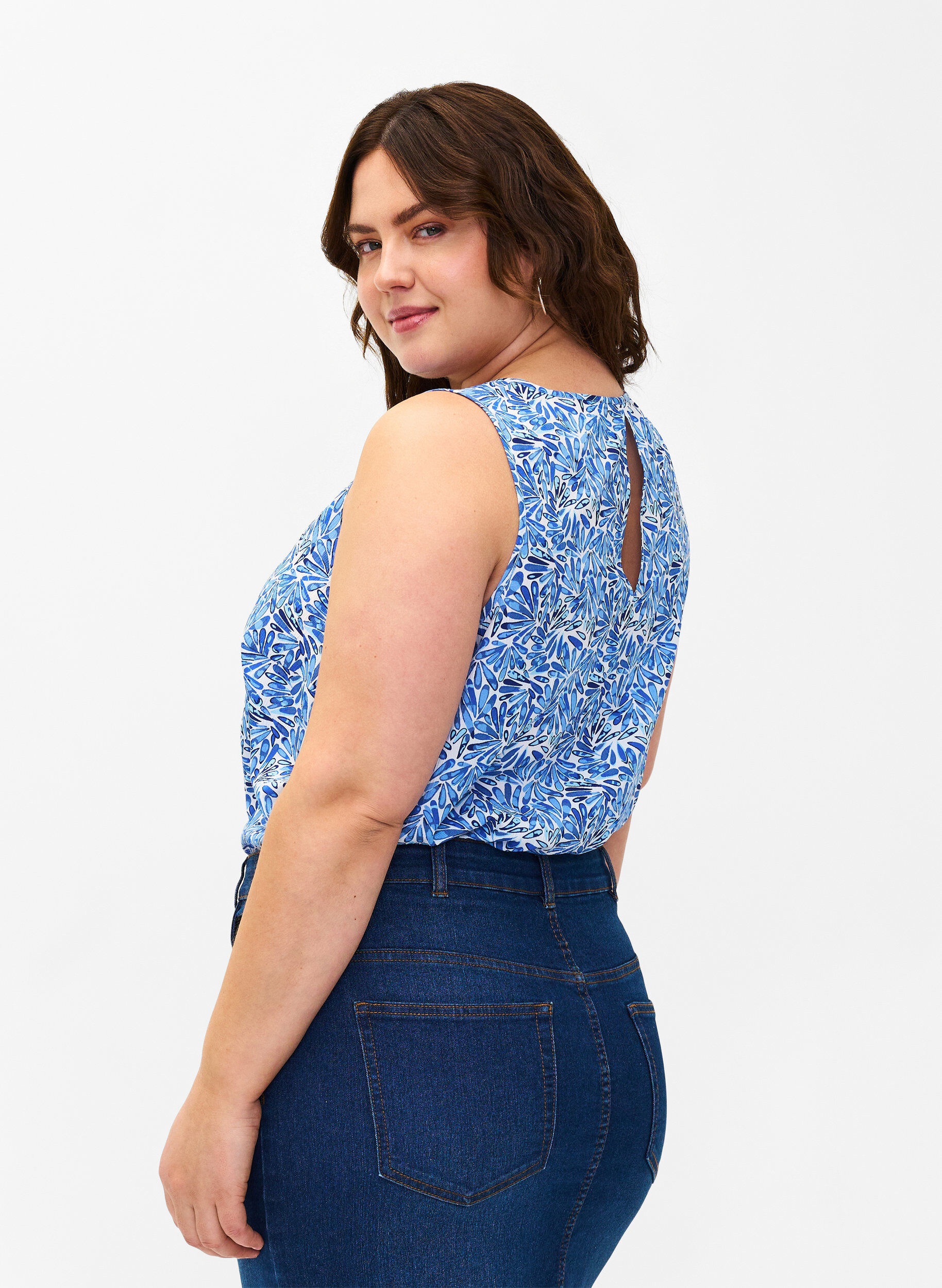 Zizzi Flash - Mouwloze top met print, Blauw, Model image number 2