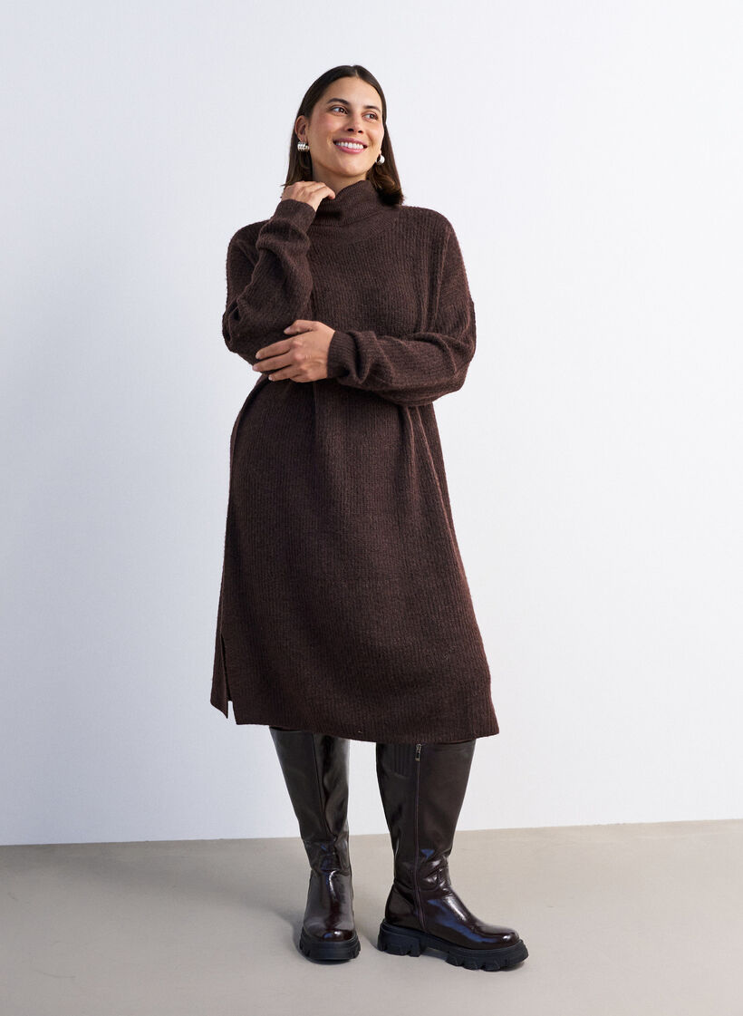 Gebreide jurk met col, Bruin, Model image number 1