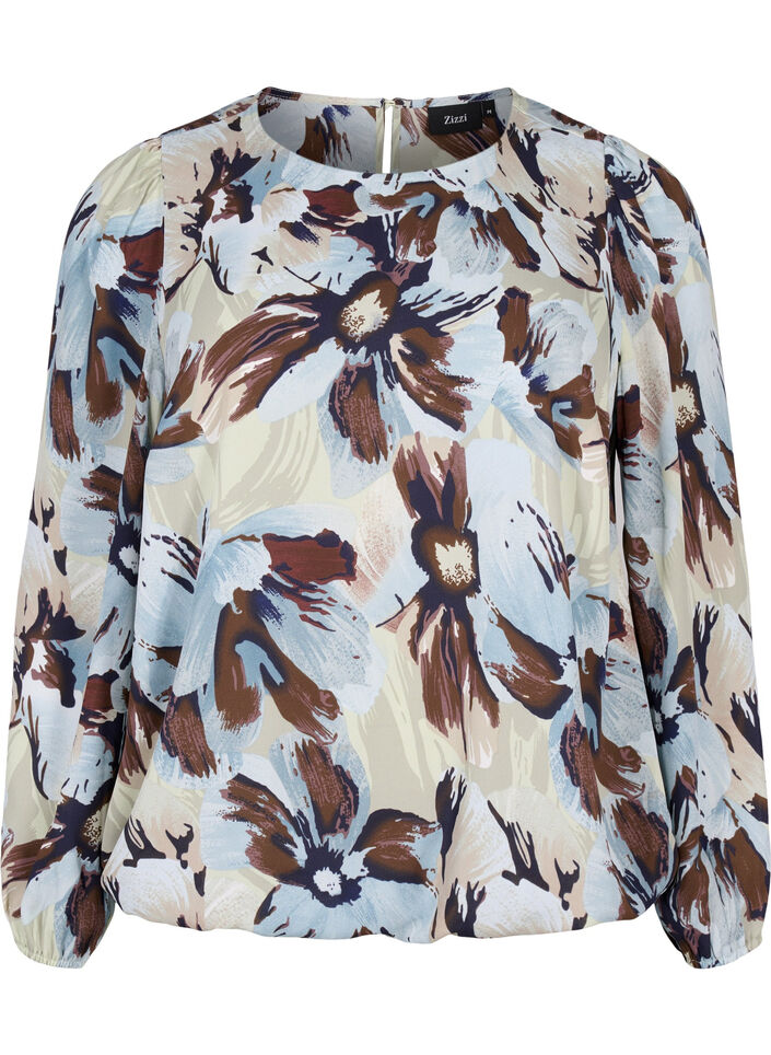 Blouse met lange mouwen, print en knoop, Grey Flower AOP, Packshot image number 0