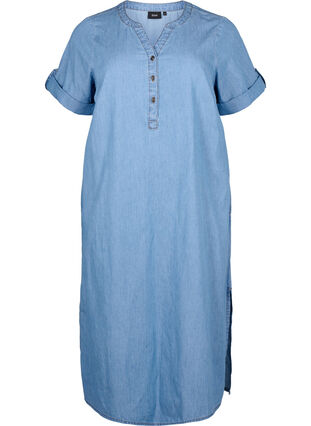 Denim jurk met split en korte mouwen, Blue denim, Packshot image number 0
