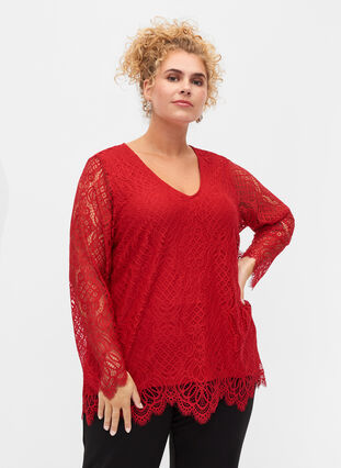 Kanten blouse met lange mouwen en v-hals, Tango Red, Model image number 0