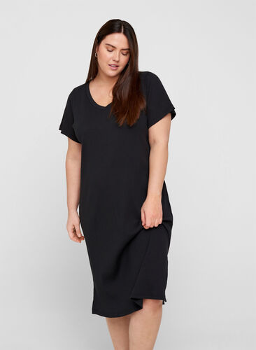 Geribbelde jurk met korte mouwen en split, Black, Model image number 0